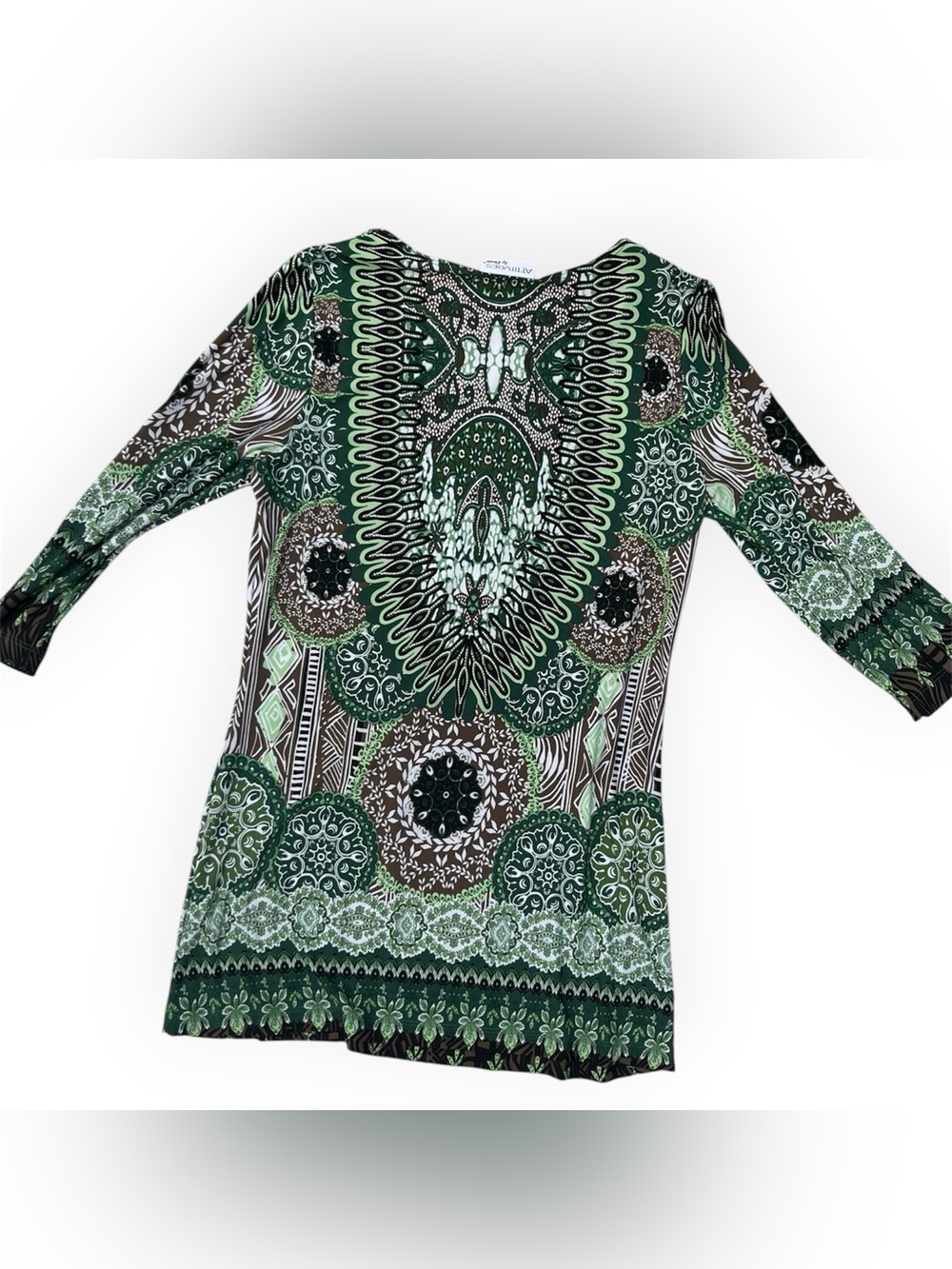 Attitudes by Reńee Green & Brown Boho Medallion Tunic Top Size M Made in USA - Picture 4 of 4